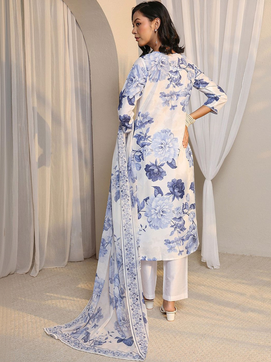 White Floral Printed Chanderi Silk Straight Suit Set with Dupatta