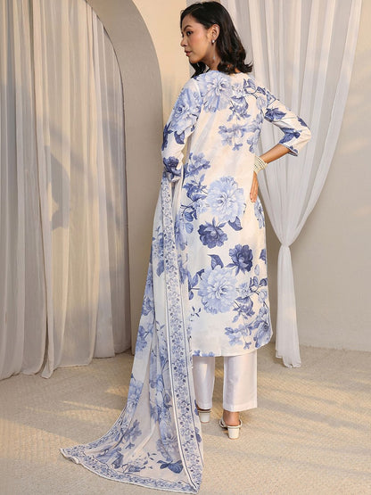 White Floral Printed Chanderi Silk Straight Suit Set with Dupatta
