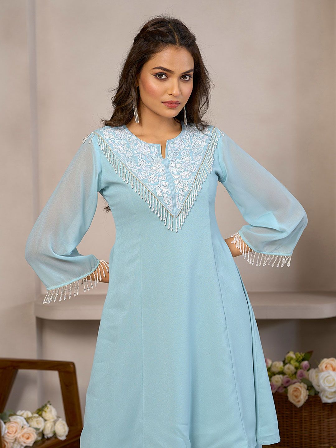 Dhiyona CH Floral Embroidered Round Neck Beads And Stones A-Line Kurta With Palazzos