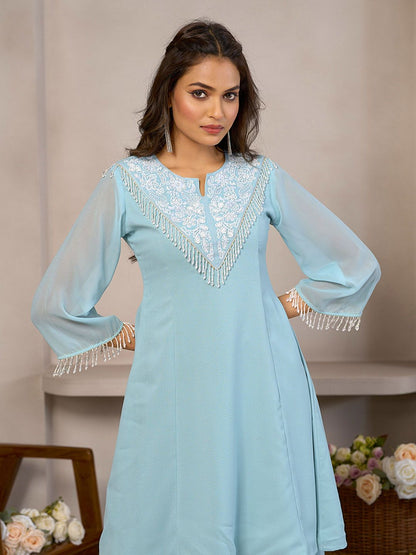 Dhiyona CH Floral Embroidered Round Neck Beads And Stones A-Line Kurta With Palazzos