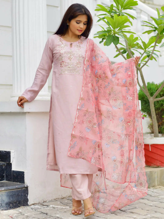 Women's LB Peach Yoke Design Silk Blend Straight Suit With Dupatta