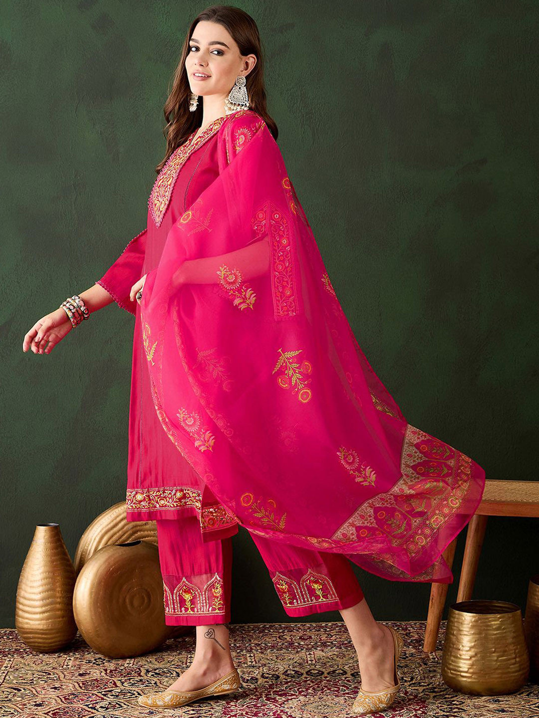 Floral Embroidered Thread Work Kurta with Trousers & Dupatta