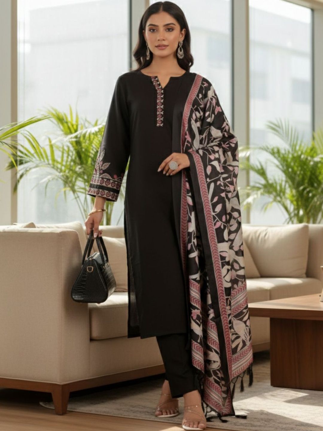 Black Women Embroidered Regular Thread Work Kurta with Trousers & With Dupatta