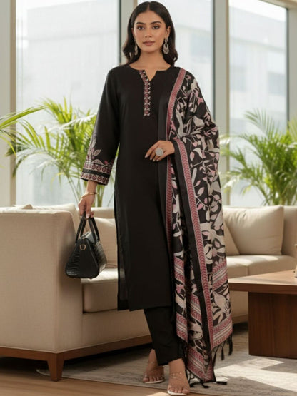 Black Women Embroidered Regular Thread Work Kurta with Trousers & With Dupatta