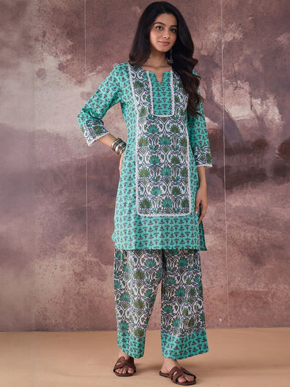Dhiyona IE Printed Notch Neck Pure Cotton Tunic With Trousers