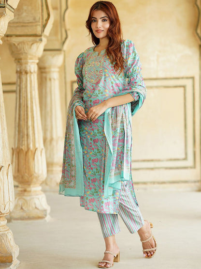 Dhiyona KL Floral Printed Mirror Work Pure Cotton Straight Kurta With Trousers & Dupatta