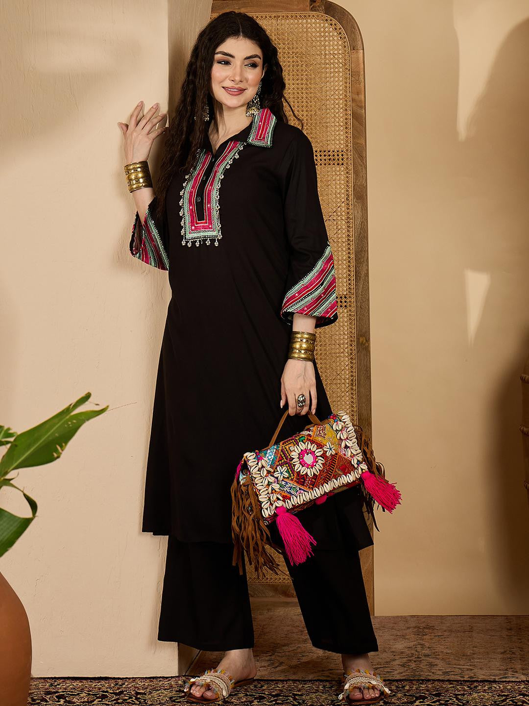 Dhiyona SN Women Black Embroidered Rayon A-Line Kurta Set