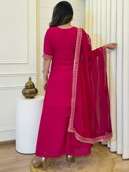 Dhiyona KL Ethnic Motifs Embroidered Notch Neck Thread Work Kurta With Sharara & Dupatta