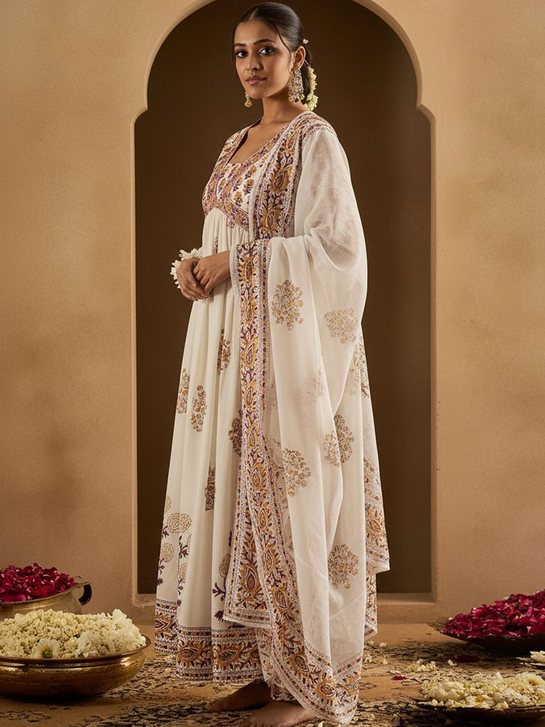 Ethnic Motifs Printed Empire Pure Cotton Anarkali Kurta With Trousers & Dupatta