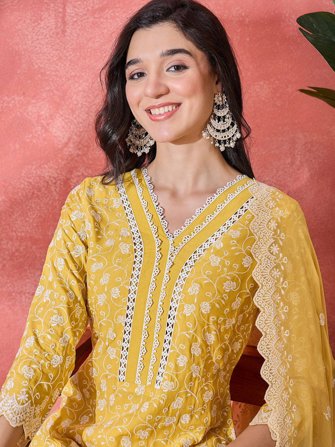 Dhiyona SN Women Floral Embroidered Cotton Kurta with Trousers & Dupatta