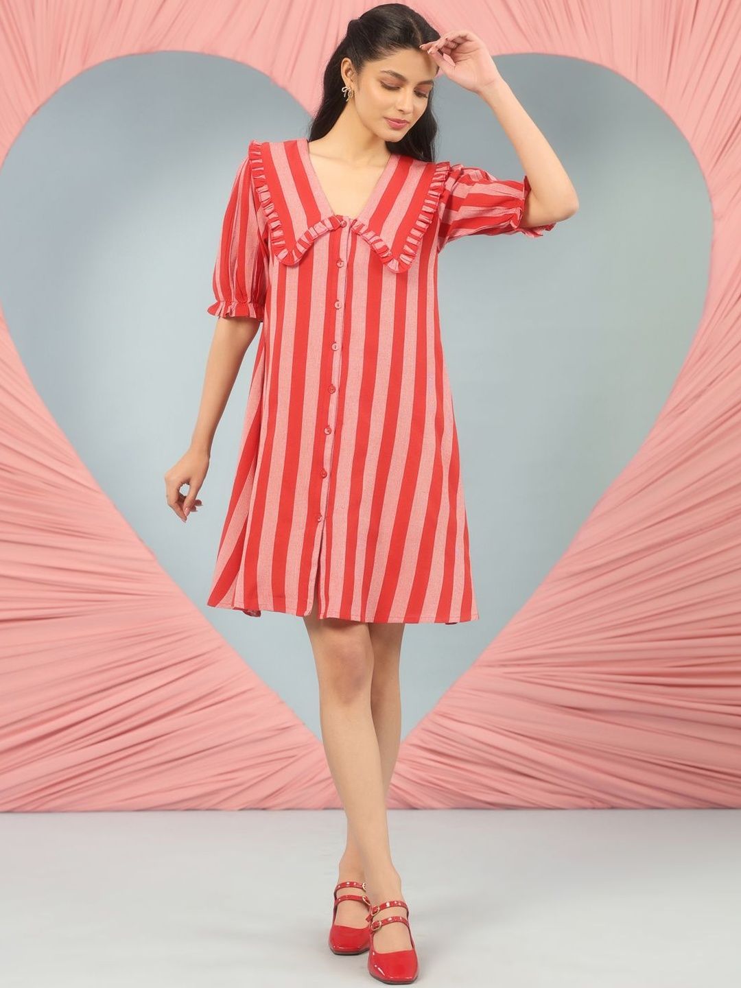 Dhiyona AY Women's Striped Puff Sleeve Ruffled A-Line Dress