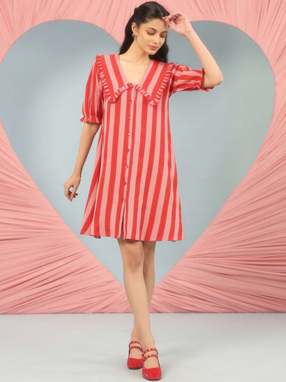 Dhiyona AY Women's Striped Puff Sleeve Ruffled A-Line Dress