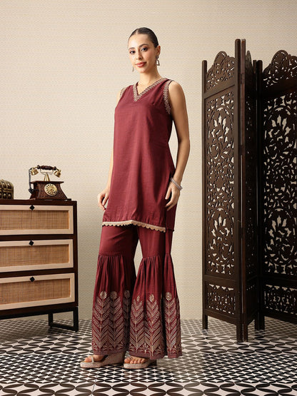 Dhiyona HOP Embroidered V-Neck Thread Work Jashn Kurta with Sharara & Dupatta