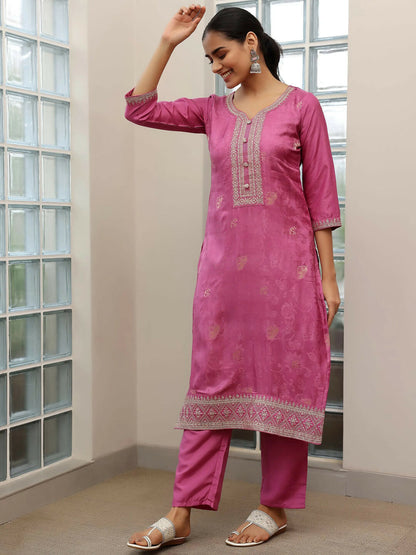 Women's LB Mauve Woven Design Silk Blend Straight Suit With Dupatta