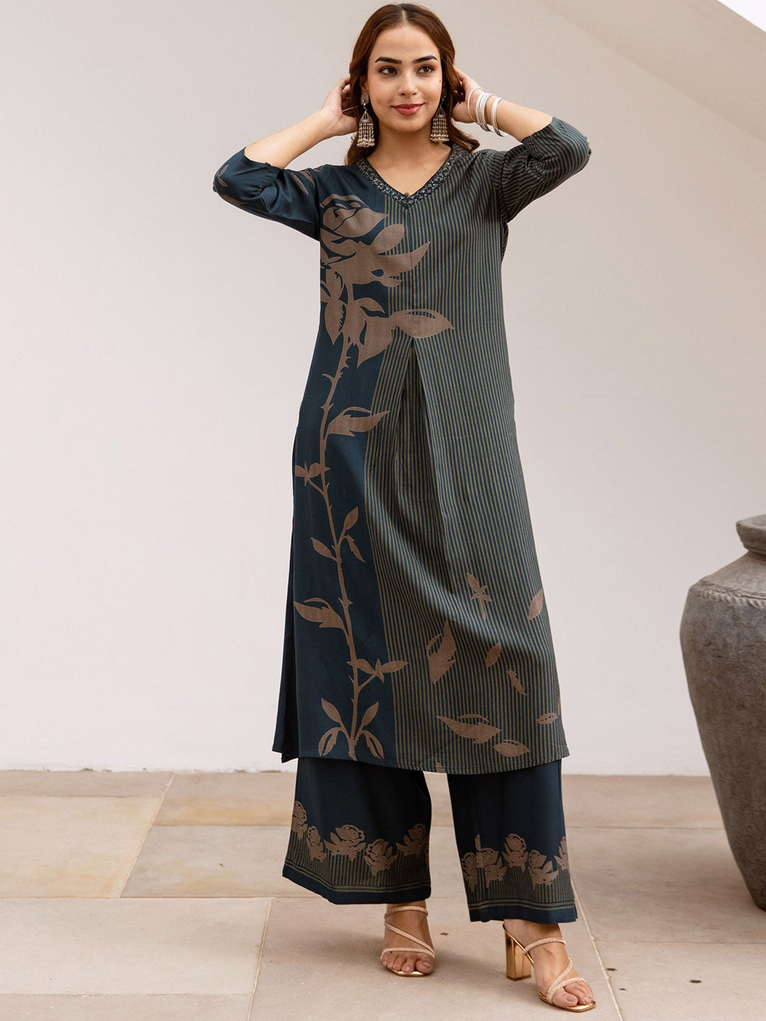 Floral Printed With Embroidered Kurta With Palazzos