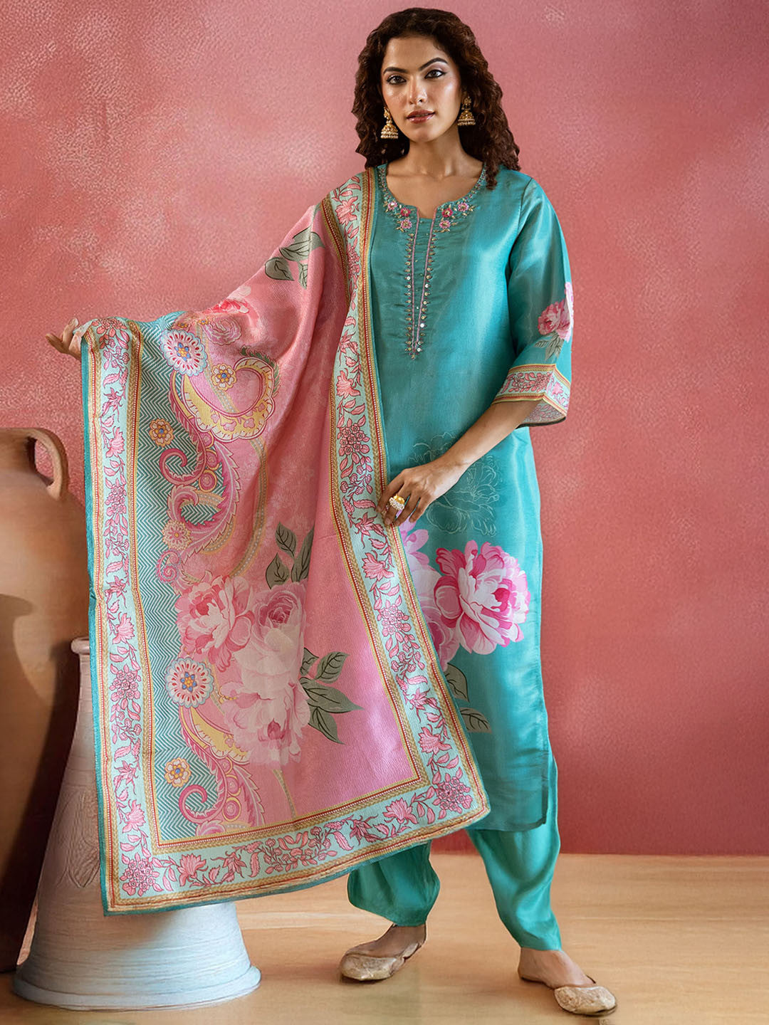 Floral Embroidered Notch Neck Tissue Silk Straight Kurta With Trousers & Dupatta
