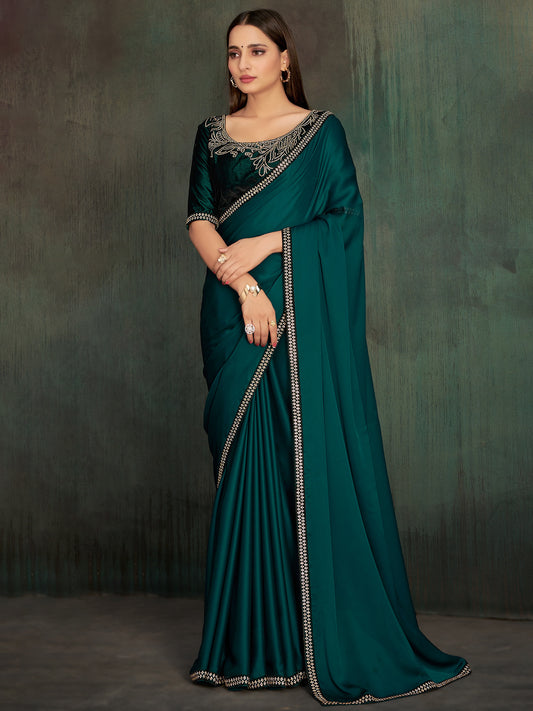 Women's Chiffon Teal blue Embellished Celebrity Saree With Blouse Piece