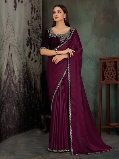 Women's Chiffon Magenta Embellished Celebrity Saree With Blouse Piece