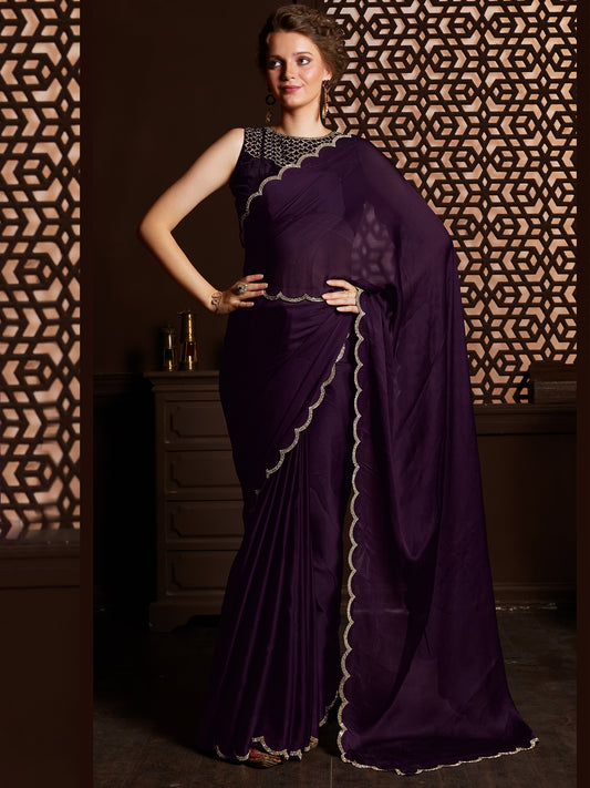 Women's Chiffon Purple Embellished Celebrity Saree With Blouse Piece