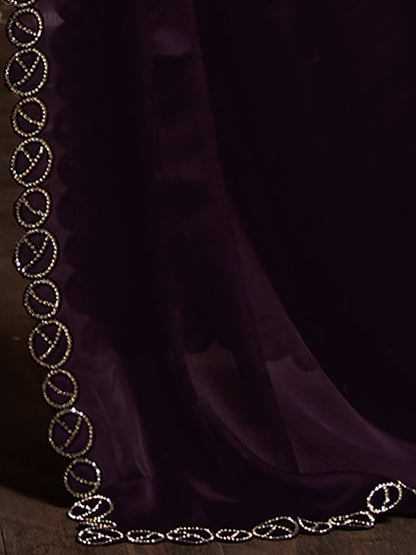 Women's Chiffon Purple Embellished Celebrity Saree With Blouse Piece