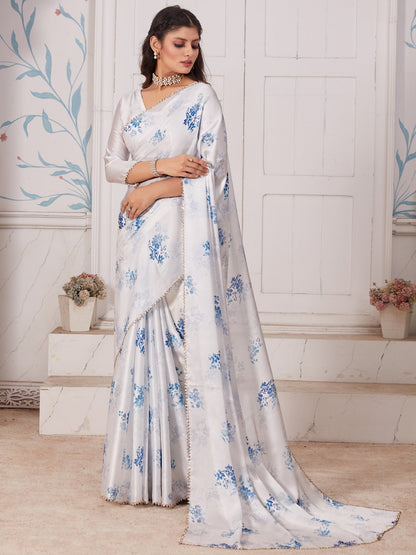Women's Satin Silk White Digital Print Designer Saree With Blouse Piece