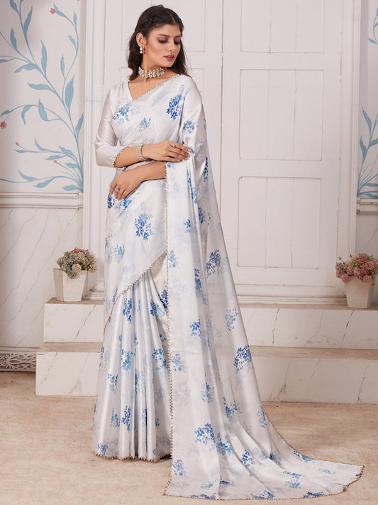 Women's Satin Silk White Digital Print Designer Saree With Blouse Piece