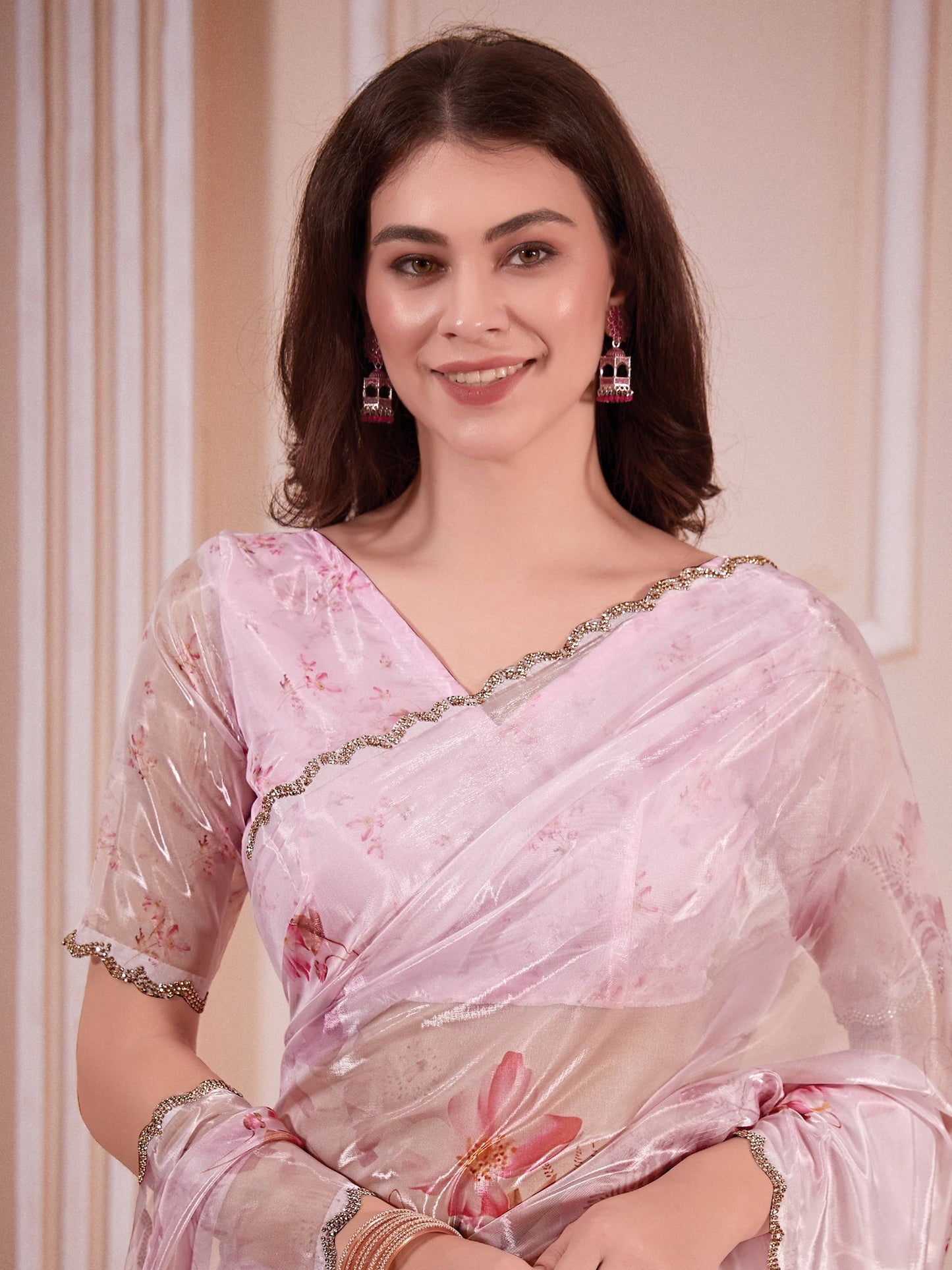 Women's Organza Pink Digital Print Designer Saree With Blouse Piece