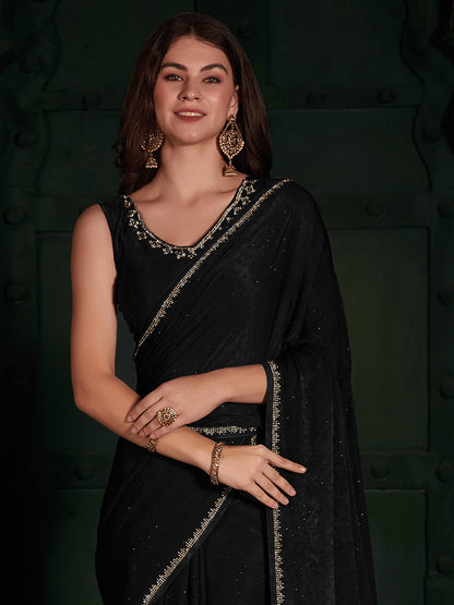 Women's Velvet Black Embellished Designer Saree With Blouse Piece