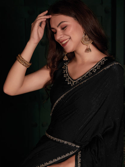 Women's Velvet Black Embellished Designer Saree With Blouse Piece