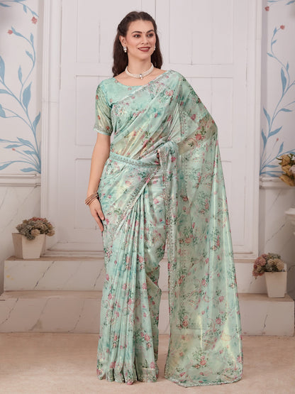 Women's Organza Sea Green Embellished Designer Saree With Blouse Piece