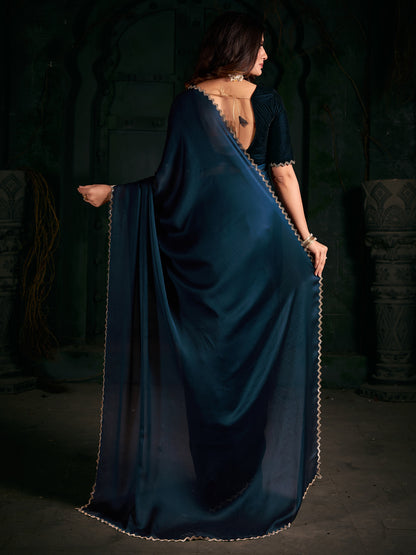 Women's Chiffon Teal blue Embellished Designer Saree With Blouse Piece