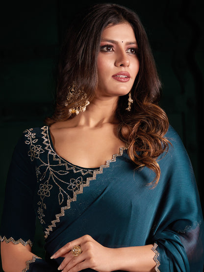 Women's Chiffon Teal blue Embellished Designer Saree With Blouse Piece