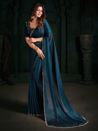 Women's Chiffon Teal blue Embellished Designer Saree With Blouse Piece