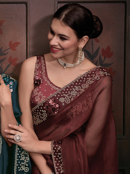 Women's Organza Brown Embellished Designer Saree With Blouse Piece