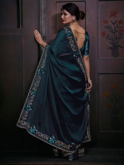 Women's Organza Teal blue Embellished Designer Saree With Blouse Piece
