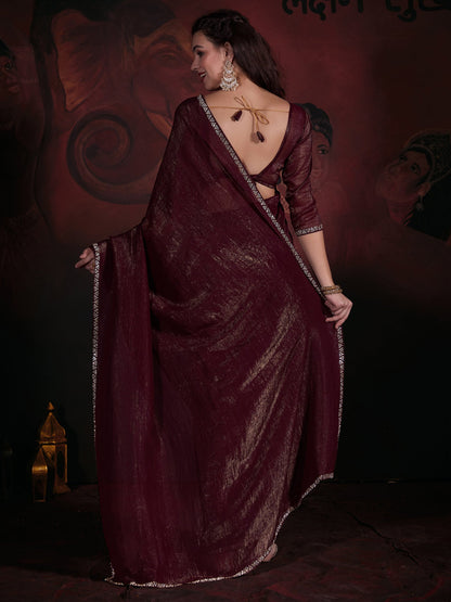 Women's Viscose Silk Brown Embellished Designer Saree With Blouse Piece