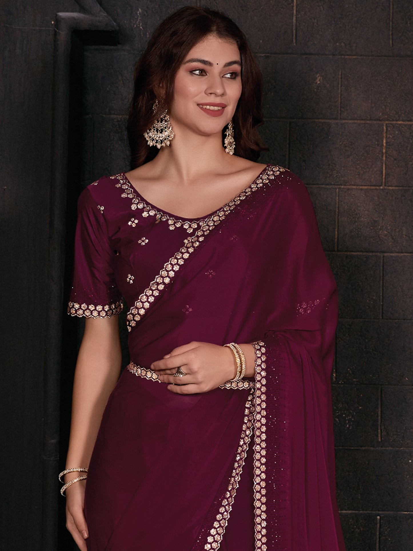Women's Satin Silk Pink Embellished Designer Saree With Blouse Piece