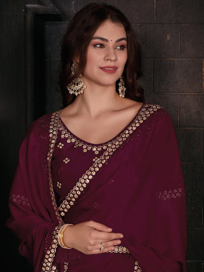 Women's Satin Silk Pink Embellished Designer Saree With Blouse Piece