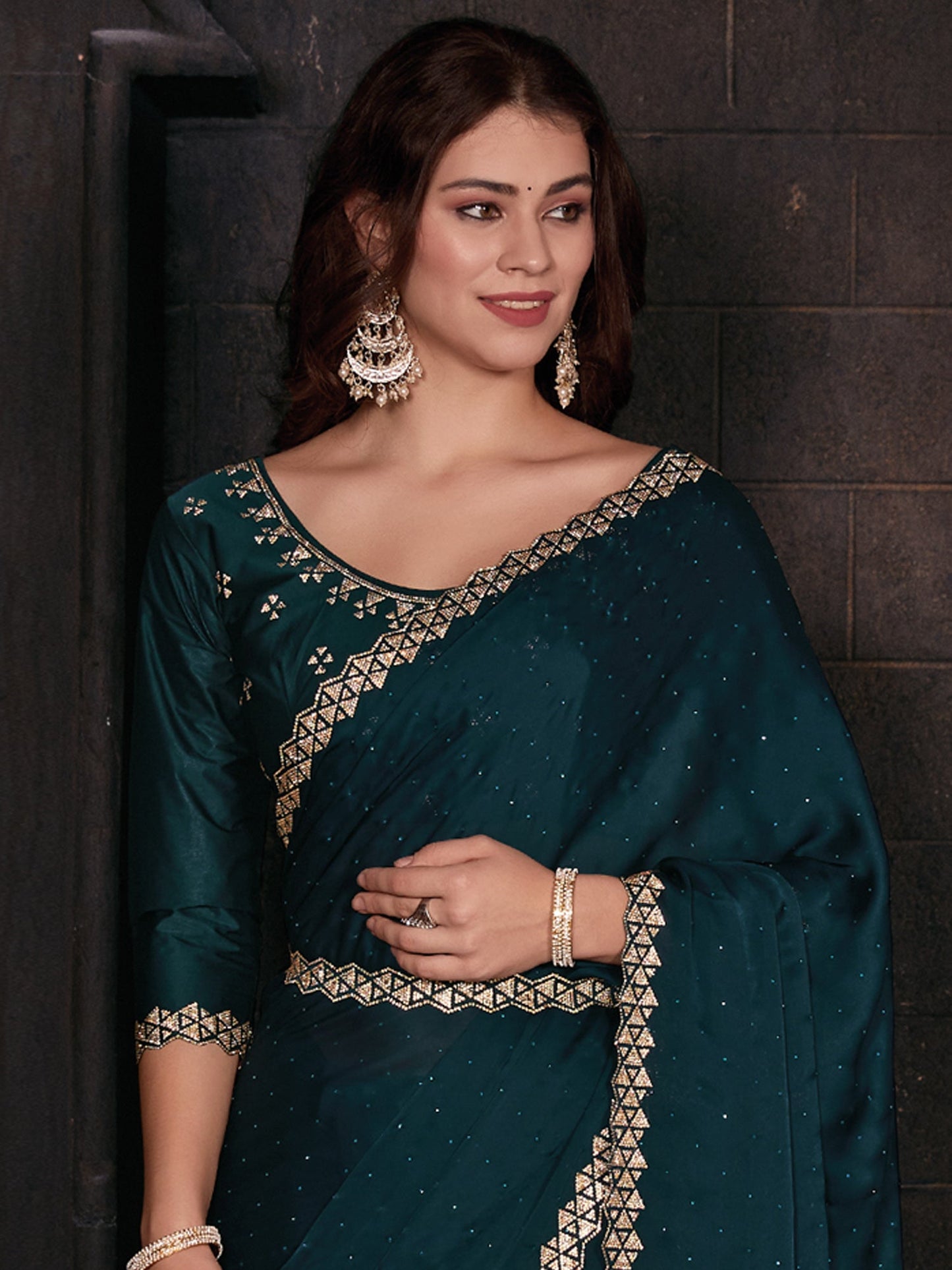 Women's Satin Silk Teal blue Embellished Designer Saree With Blouse Piece