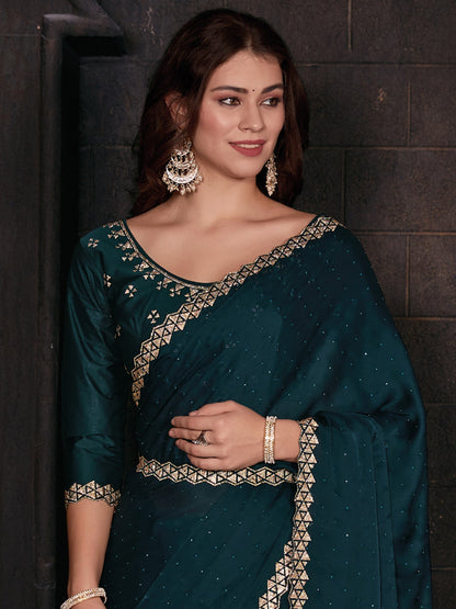 Women's Satin Silk Teal blue Embellished Designer Saree With Blouse Piece