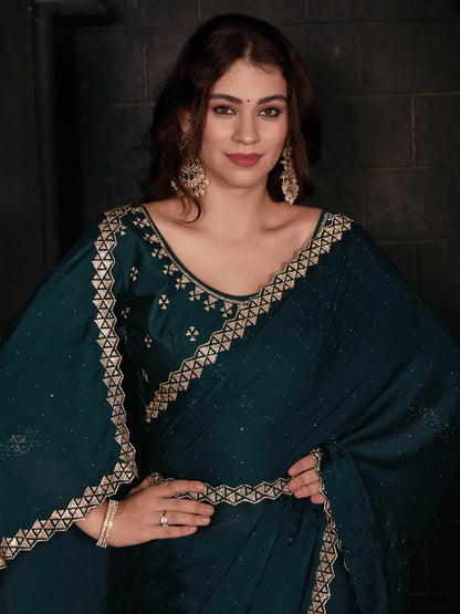 Women's Satin Silk Teal blue Embellished Designer Saree With Blouse Piece