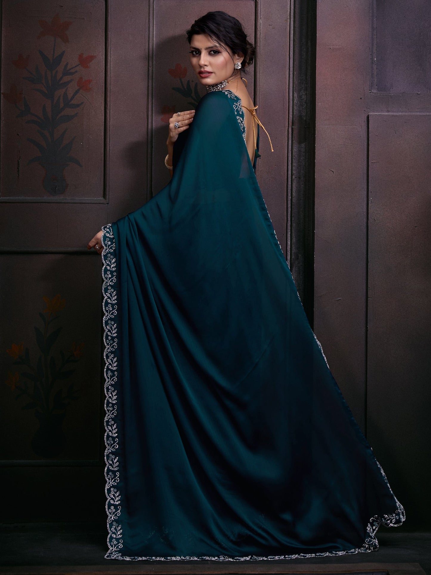 Women's Chiffon Teal blue Embellished Designer Saree With Blouse Piece