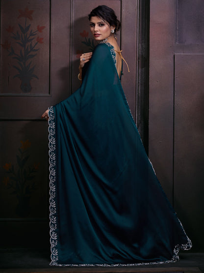 Women's Chiffon Teal blue Embellished Designer Saree With Blouse Piece