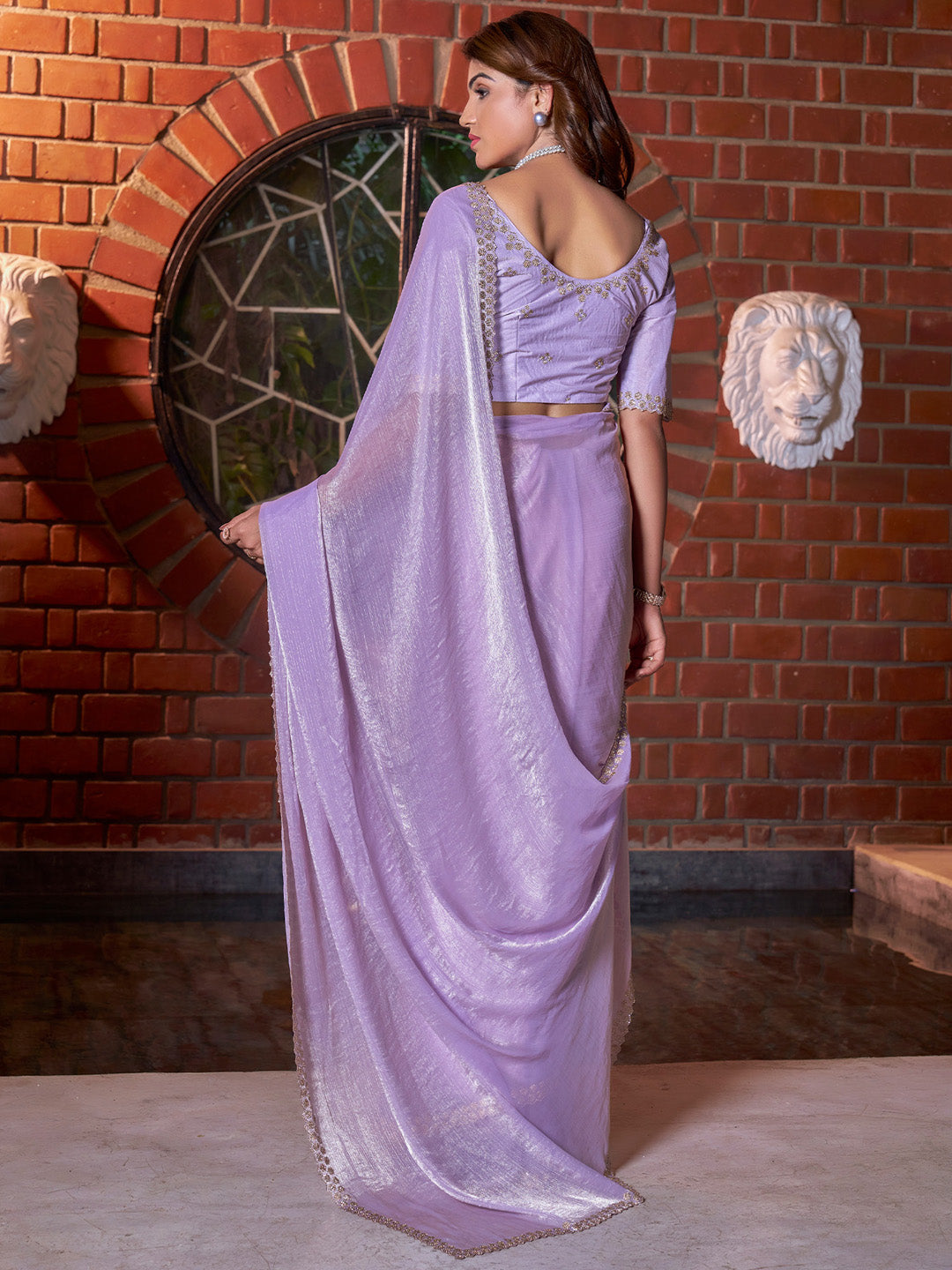 Women's Pure Chiffon Lavendar Embellished Designer Saree With Blouse Piece