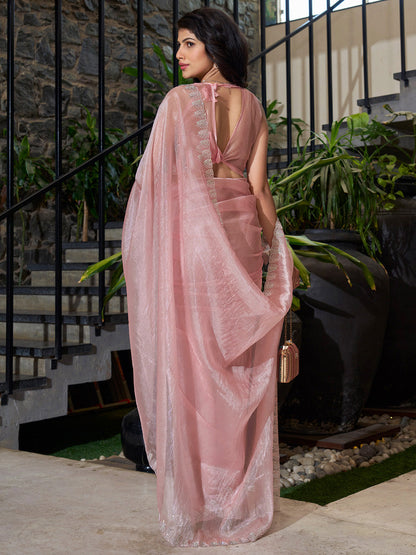 Women's Organza Pink Embellished Designer Saree With Blouse Piece