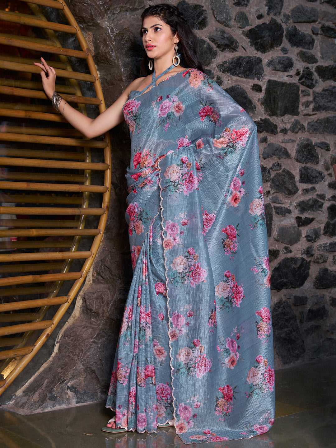 Women's Silk Blend Blue Embellished Designer Saree With Blouse Piece