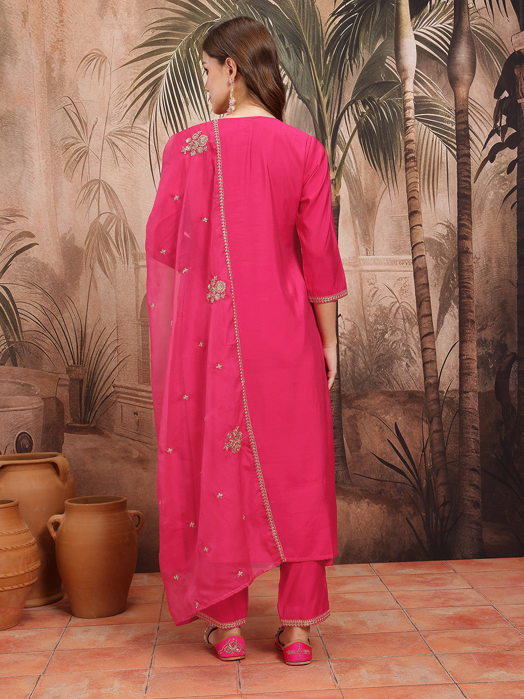 Ethnic Motifs Embroidered Sequinned V-Neck A-Line Kurta with Trousers & Dupatta