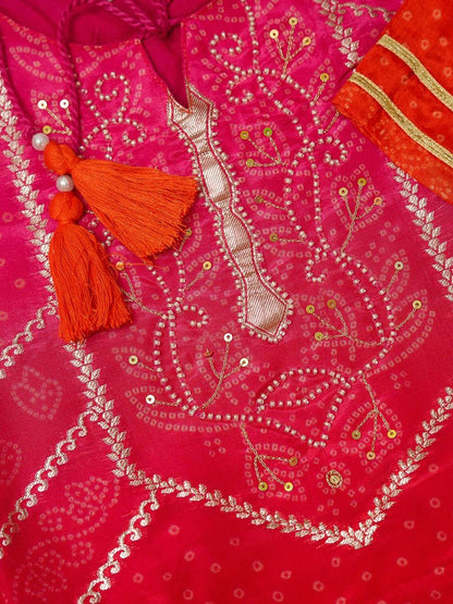 Bandhani Printed Tie-Up Neck Sequinned Straight Kurta With Trousers & Dupatta