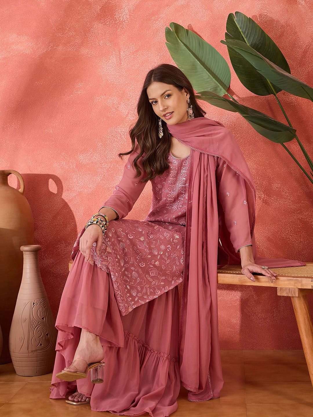Dhiyona SN Floral Embroidered Round Neck Straight Kurta With Sharara And Dupatta