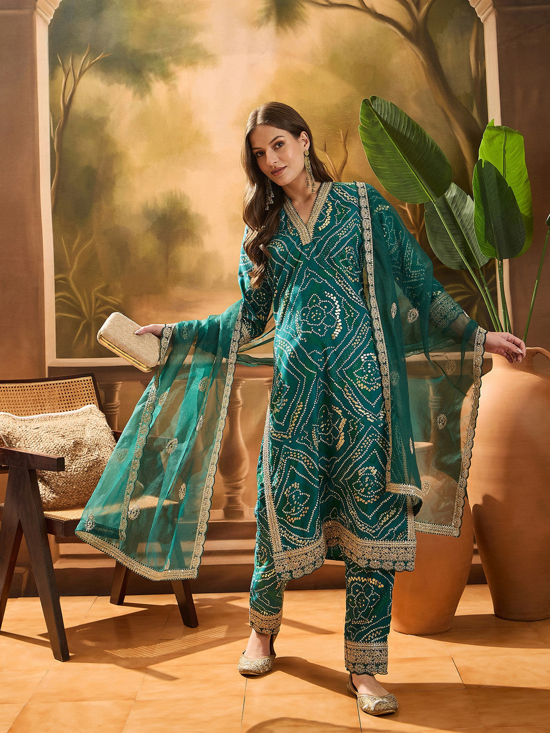 Women's Green Bandhani Print & Embroidered Muslin Straight Kurta Pant Dupatta Set